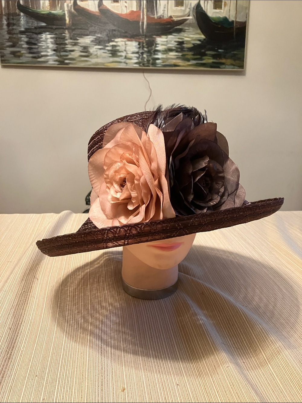 Elegant Wide-Brim Floral Occasion Hat in Brown with Blush Accents